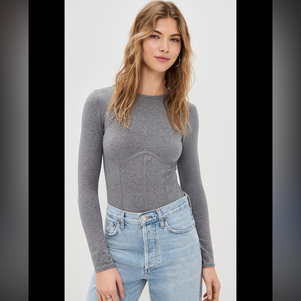 Fleur du Mal Women's Gray Long Sleeve‎ T-Shirt Thong Paneled Bodysuit Size XL